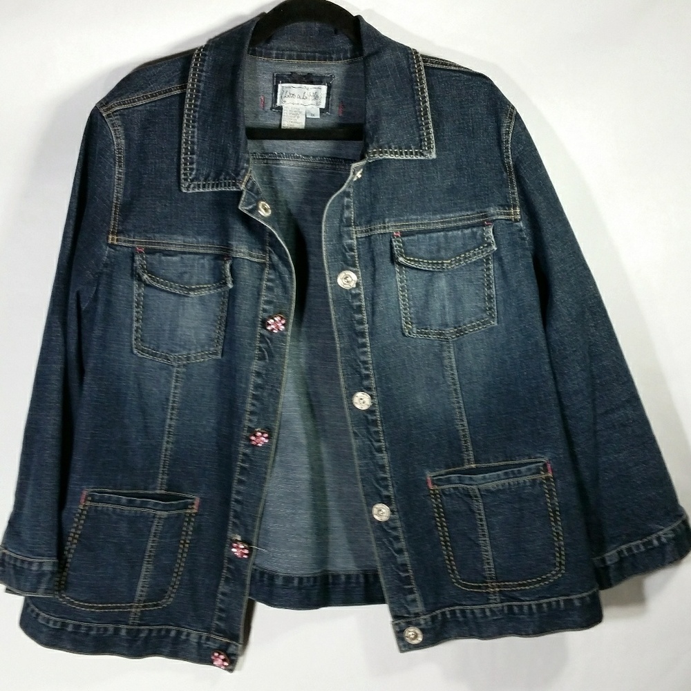 Med Wash Denim 3/4 sleeve Moto Jacket 1x EUC